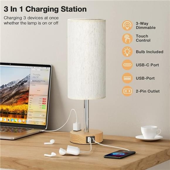 Beside Table Lamp for Bedroom Nightstand - 3 Way Dimmable Touch Lamp USB Ports - Picture 2 of 6